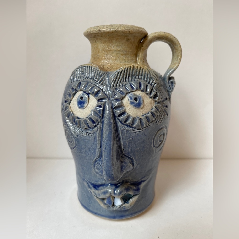 Rare Face Jug Single Handle Blue Eye Folk  Pottery Signed J Daves 6” Tile Teeth
